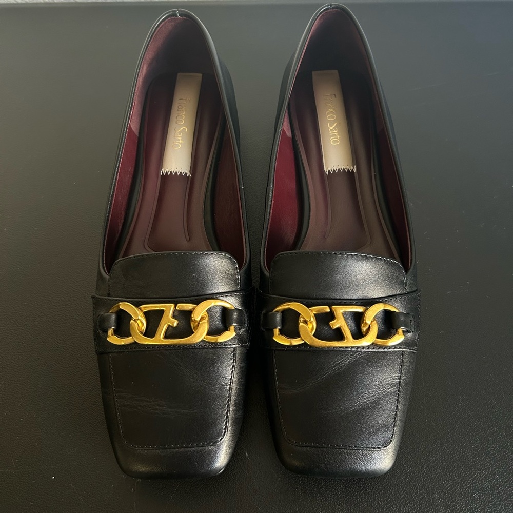 FRANCO SARTO Size 8 Black Leather Loafers GOLD CHAIN SQUARE TOE